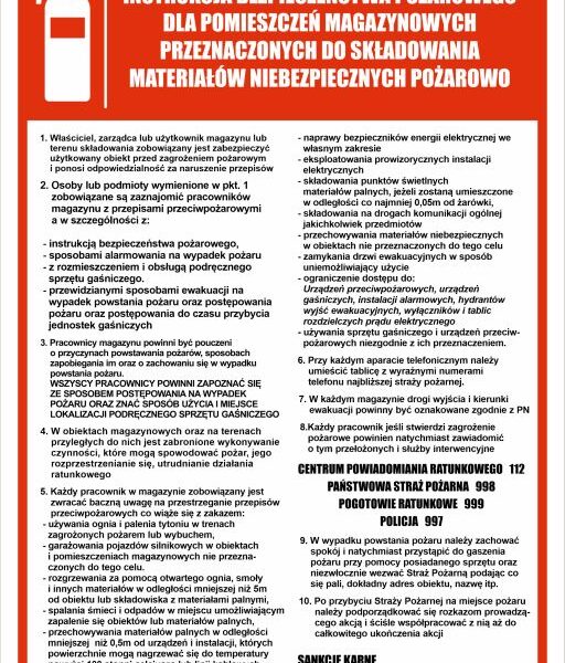 INSTRUKCJA BEZPIECZEŃSTWA POŻAROWEGO DLA POMIESZCZEŃ MAGAZYNOWYCH - Tablica BHP,