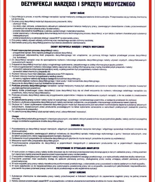 INSTRUKCJA BHP DEZYNFEKCJI NARZĘDZI I SPRZĘTU MEDYCZNEGO - Tablica BHP,