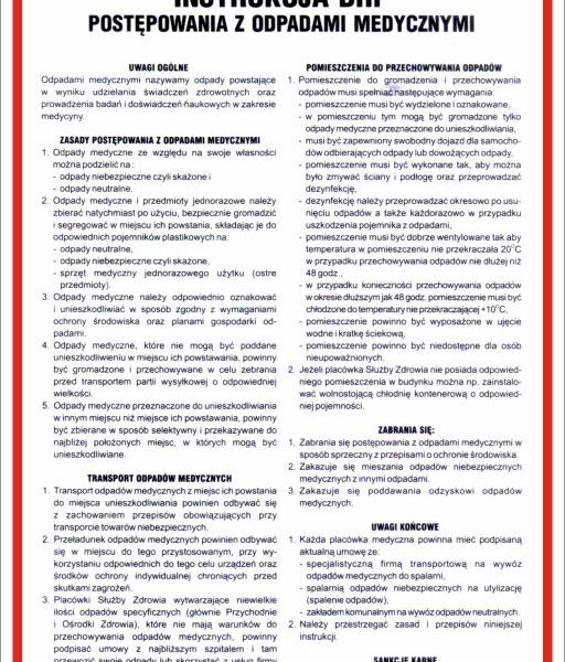 INSTRUKCJA BHP POSTĘPOWANIA Z ODPADAMI MEDYCZNYMI - Tablica BHP,